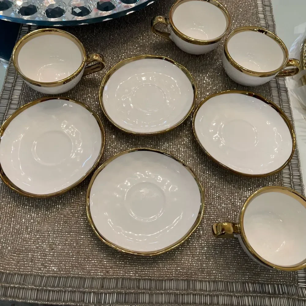 Set of 4 Gold Metallic Porcelain Cup & Saucer